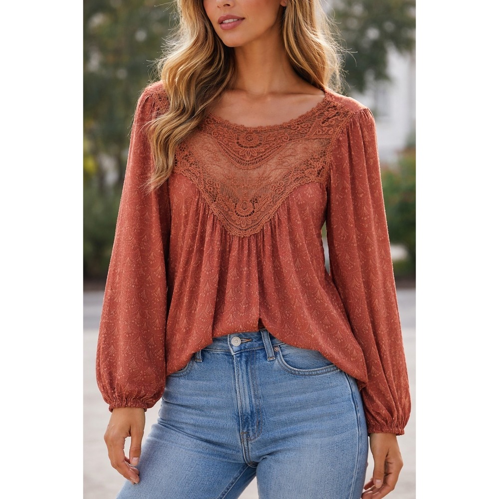 Vici Lace Inset Babydoll Blouse Womens Sm Rust Geometric Print Boho Peasant Top - Picture 1 of 7